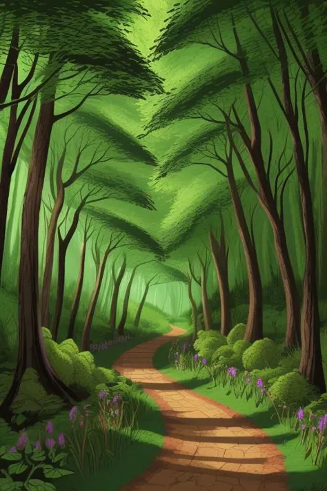 a painting of a path through a green forest with trees