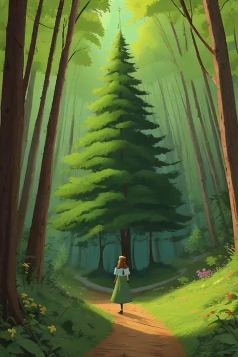 a painting of a woman walking down a path in the woods