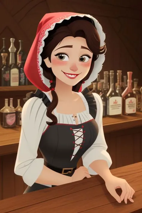 a cartoon girl in a red hat and black dress standing at a bar