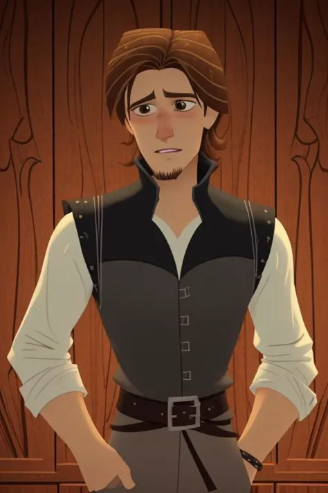 Flynn Rider from Tangled, man wearing a vest, brown hair, goatee