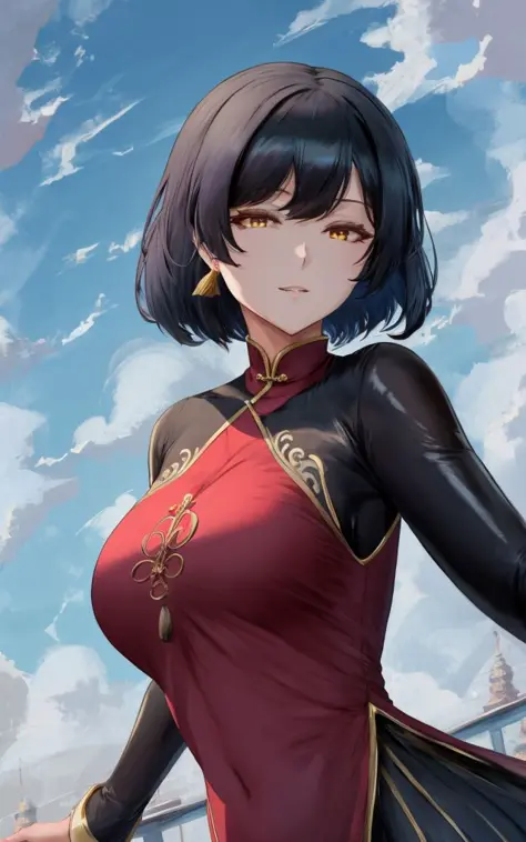 (full_body), (flying), chinese clothes, china dress, (shiny_skin), black hair, (floating_hair), yellow eyes, cinematic, clouds, ...