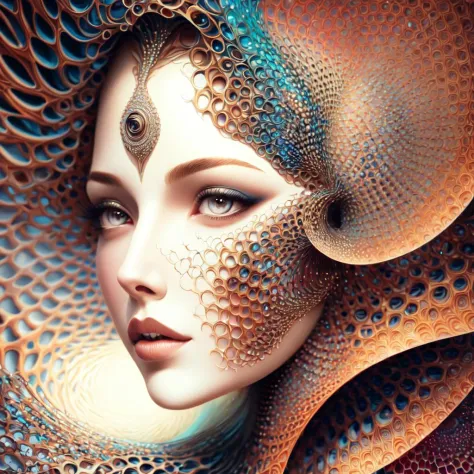 foto (Estilo Fractal Mulher:1) um close de uma pintura do rosto de uma mulher 