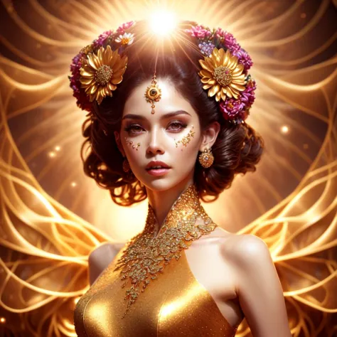 foto (Estilo Fractal Mulher:1) uma mulher em um vestido dourado, com flores no cabelo, com um sol ao fundo 