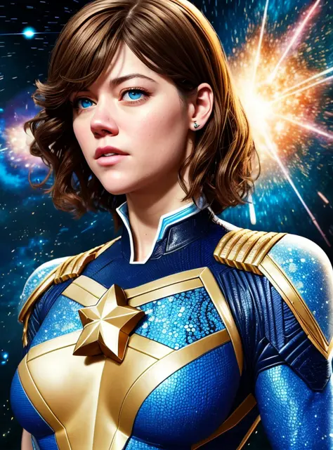 Mary Elizabeth Winstead as a real-life version of Captain Universe \(Marvel Comics\), ultra realistic highly detailed intricate photorealistic analog style photograph