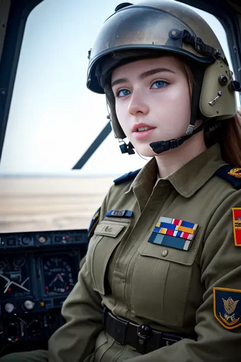 Highest quality, (dramatic lighting:0.7), masterpiece, high angle shot, RAW photo of (pale 21 year old woman wearing military pilot helmet, IHADSS, looking up at the viewer), cute, (wearing combat fatigues, skin tight), (sitting in the pilot seat of US att...