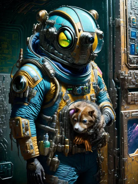 HDR photo of ici, a man in a space suit holding an animal, alien cartoon . High dynamic range, vivid, rich details, clear shadows and highlights, realistic, intense, enhanced contrast, highly detailed