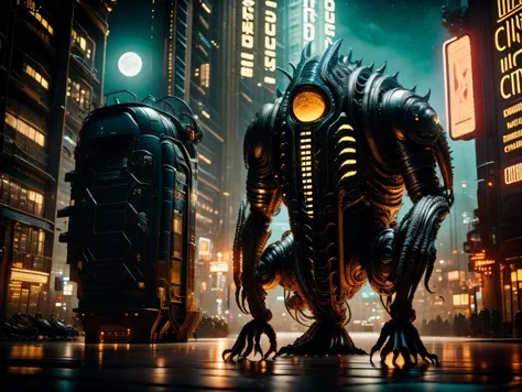 a close up of a giant alien creature in a city at night