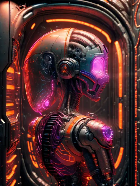 a close up of a robot with glowing eyes in a space station