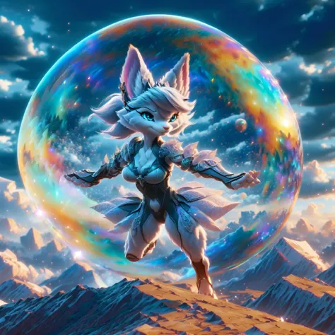 a cat is floating in a bubble with a sky background