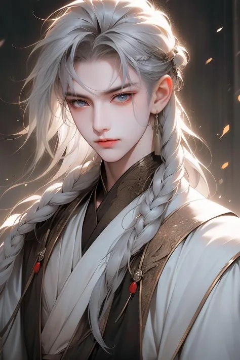 photorealistic, realistic, photography, masterpiece, best quality, ultra-detailed, gentle, 1boy, solo, long hair, chinese clothes, silver hair, 