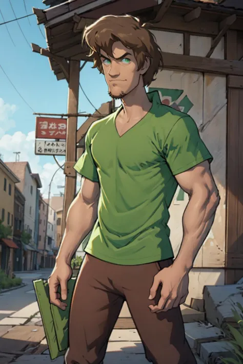 a cartoon of a man in a green shirt and brown pants