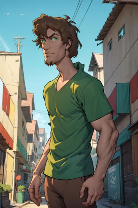 best quality, Mature male, Environmental portrait, <lora:Shaggy2V4:.8> shaggy rogers , green shirt, brown hair, goatee, brown pants, brown-green eyes