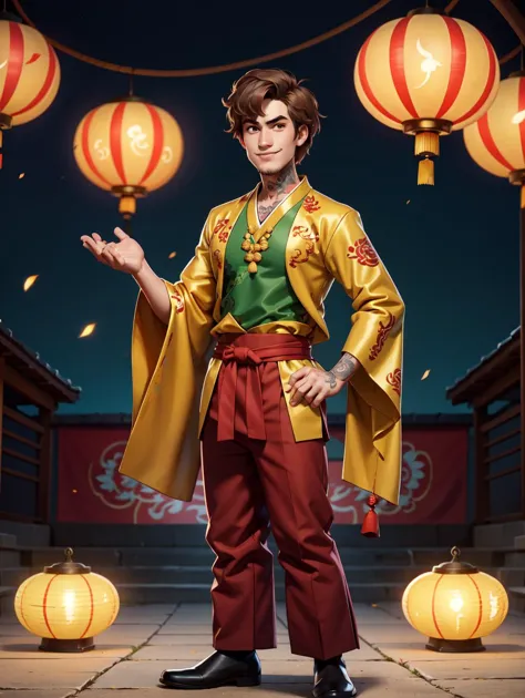 a man in a yellow jacket and red pants standing in front of lanterns