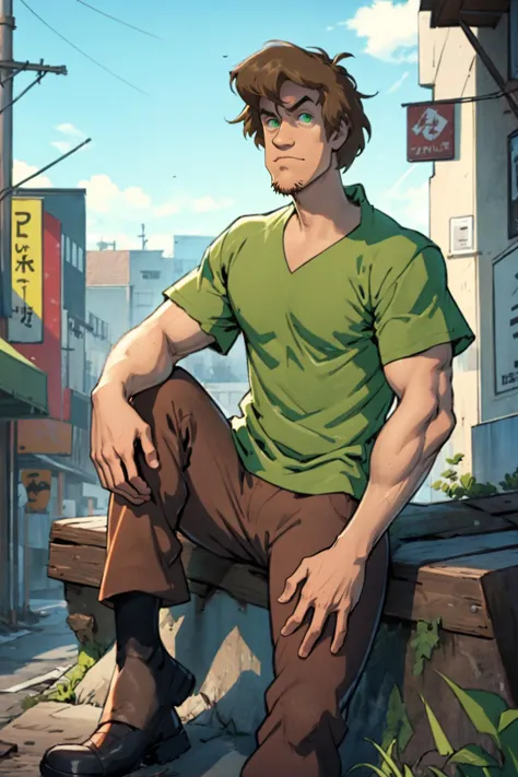 a cartoon of a man sitting on a bench in a city