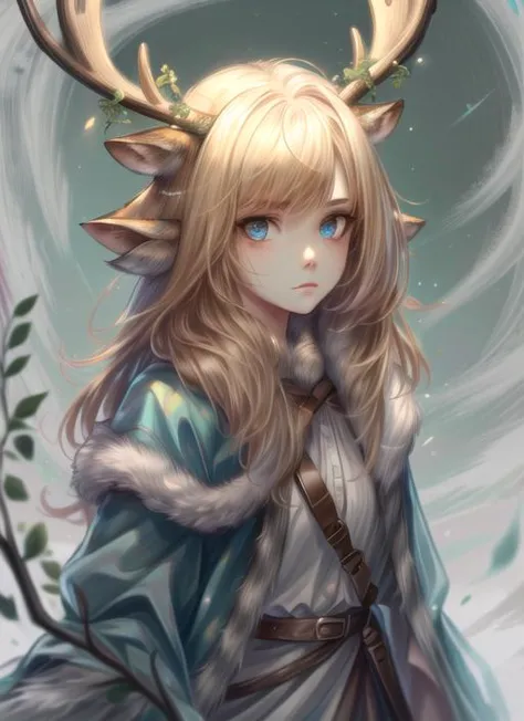 ((best quality)), ((highly detailed)), masterpiece, extremely detailed face, beautiful face, (detailed eyes, deep eyes), (1girl), cowboy shot, -((deer girl)), deer ears, deer tail, dearantlers, large deer antlers, fur coat, Paint_Style