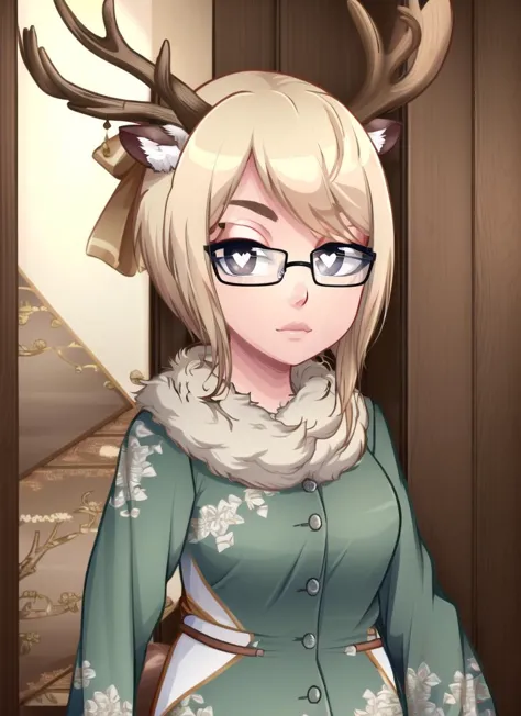 a cartoon picture of a woman with glasses and a deer's head