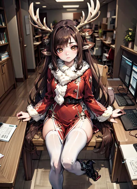 anime girl sitting on a desk with a laptop and a deer head