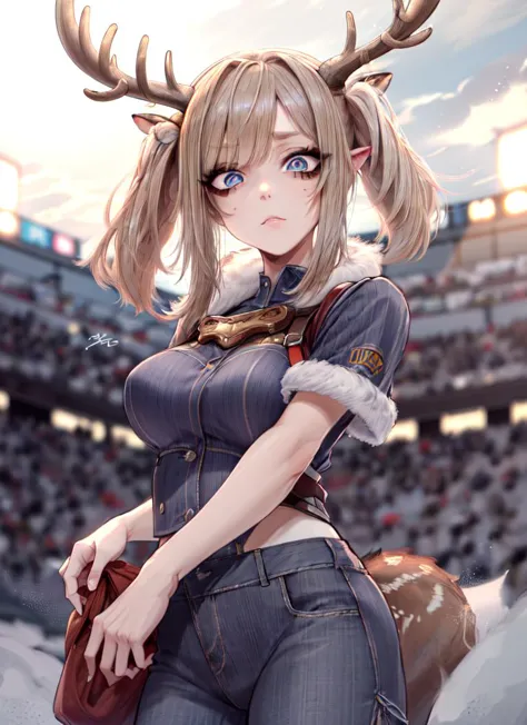 ((best quality)), ((highly detailed)), masterpiece, absurdres, extremely detailed face, beautiful face, (detailed eyes, deep eyes), (1girl), dynamic pose, cowboy shot, -((deer girl)), deer ears, deer tail, dearantlers, large deer antlers, fur coat, (at a stadium, twightlight), jk style, bags under eyes, (eyeliner), makeup