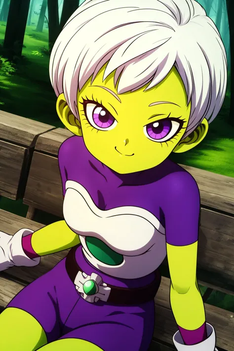 cheelai,1girl,solo,very short hair,pink eyes,white hair,(green skin:1.3),
white gloves,purple bodysuit,bodysuit,short sleeves,belt,saiyan armor,purple shorts,
smile,closed mouth,cowboy shot,sitting,
forest,outdoor,
(insanely detailed, beautiful detailed face, masterpiece, best quality) cinematic lighting,<lora:DBS_Cheelai_v3:1>,<lora:more_details:0.3>,