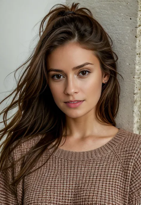 a close up of a woman with long hair wearing a sweater