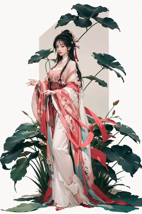 a woman in a white and red dress standing next to a plant