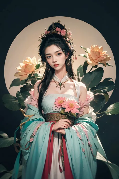 jyyv3,a woman in a green dress with a flower crown on her head and a bird on her shoulder,holding a string,1girl,green dress,flower,solo,closed eyes,black hair,holding,dress,branch,long sleeves,chinese clothes,hair ornament,hair bun,hanfu,jewelry,string,pink flower,single hair bun,
Best quality,masterpiece,ultra high res,<lora:jyyå¤è£ v3:0.7>,