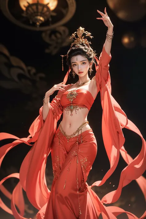 jyyv3, a woman in a red dress with a red headdress and a red shawl is dancing with her arms outstretched, 1girl, jewelry, solo, necklace, hair ornament, bracelet, arms up, black hair, strapless, tube top, dancing, shawl, earrings, midriff, ribbon, navel, detached sleeves, breasts, chinese clothes
Best quality,masterpiece,ultra high res,<lora:jyyå¤è£ v3:0.7>,