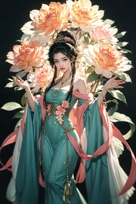 jyyv3, a woman in a green dress with a flower crown on her head and a bird on her shoulder, holding a string, 1girl, green dress, flower, solo, closed eyes, black hair, holding, dress, branch, long sleeves, chinese clothes, hair ornament, hair bun, hanfu, jewelry, string, pink flower, single hair bun,
Best quality,masterpiece,ultra high res,<lora:jyyå¤è£ v3:0.7>,