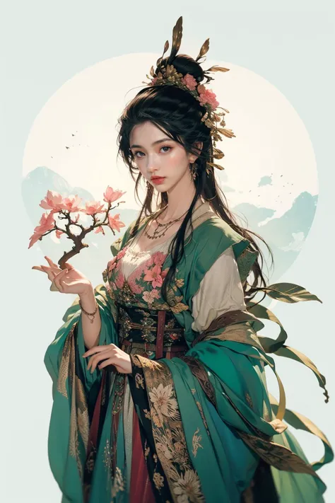 a woman in a green dress holding a flower in her hand