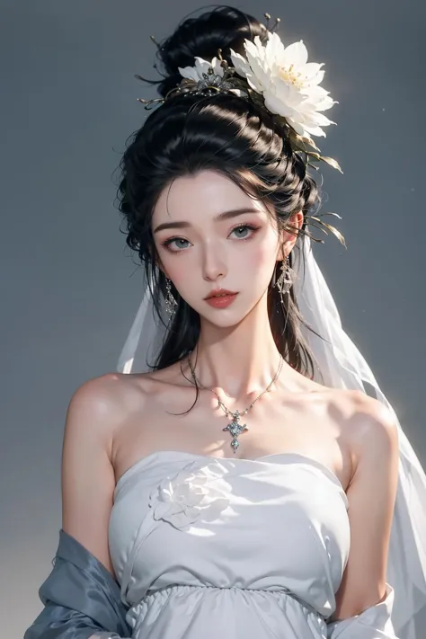 jyyv3, a woman in a white dress with a veil on her head and a flower in her hair, wearing a veil, 1girl, jewelry, solo, black hair, necklace, earrings, flower, hair ornament, dress, upper body, white dress, hair bun, red lips, single hair bun, simple background, long sleeves, chinese clothes, hanfu, white flower, closed mouth, makeup, long hair, puffy sleeves, grey background, breasts, looking down
Best quality,masterpiece,ultra high res,<lora:jyyå¤è£ v3:0.7>,