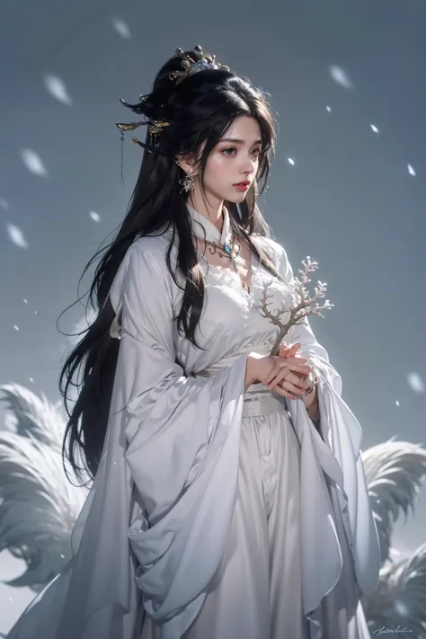 jyyv3, a woman in a white dress holding a bouquet of flowers and a snowflaket in her hand, 1girl, long hair, dress, jewelry, solo, earrings, hair ornament, white dress, black hair, upper body, flower, from side, long sleeves, chinese clothes
Best quality,masterpiece,ultra high res,<lora:jyyå¤è£ v3:0.7>,