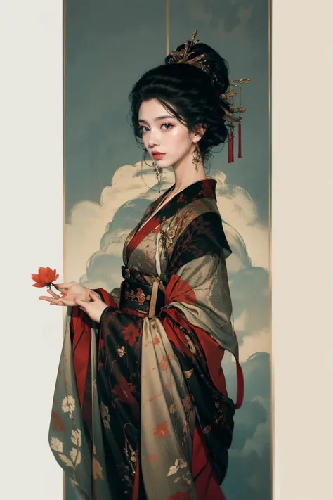 a woman in a kimono dress holding a flower in her hand