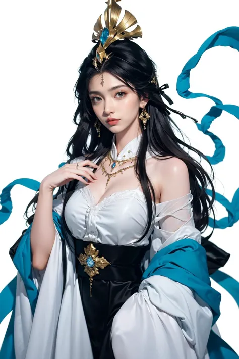 jyyv3, a woman in a white dress with a blue ribbon around her neck and a gold crown on her head, 1girl, jewelry, solo, dress, white background, long hair, hair ornament, earrings, white dress, black hair, forehead mark, upper body, sash, chinese clothes, facial mark, long sleeves, simple background, bracelet,
Best quality,masterpiece,ultra high res,<lora:jyyå¤è£ v3:0.7>,