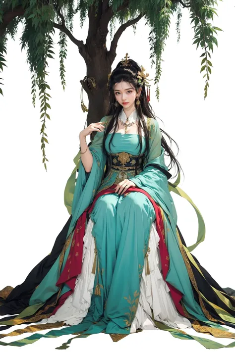 jyyv3, a woman in a green dress sitting on a tree branch with a bird flying over her head and a bird flying over her head, 1girl, hanfu, hair ornament, black hair, long sleeves, chinese clothes, shawl, holding, jewelry, solo, long hair, full body, dress, tassel, earrings, tree, forehead mark, wide sleeves, breasts, hair stick, flower, hair bun,
Best quality,masterpiece,ultra high res,<lora:jyyå¤è£ v3:0.7>,