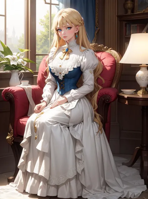 8k, masterpiece, highly detailed, high quality,
1girl, wearing a white (victorian dress), <lora:victorian_dress-SD-2.0:1> 
armchair, bangs, blonde hair, blue eyes, antique chair, dress, earrings, full body, indoors, jewelry, long hair, long sleeves, looking at viewer, medium breasts, sitting, solo, window