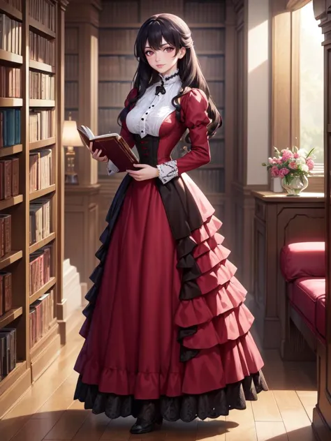 8k, masterpiece, highly detailed, high quality,
1girl wearing a magenta dress, (victorian dress), <lora:victorian_dress-SD-2.0:1> 
(black hair), ringlets, magenta eyes, full body, head tilt, holding a book, library, (black lace), wood shelves, seductive smile, wooden floor, dark brown timber, bookshelf, layered dress, bustle, against shelf, satin