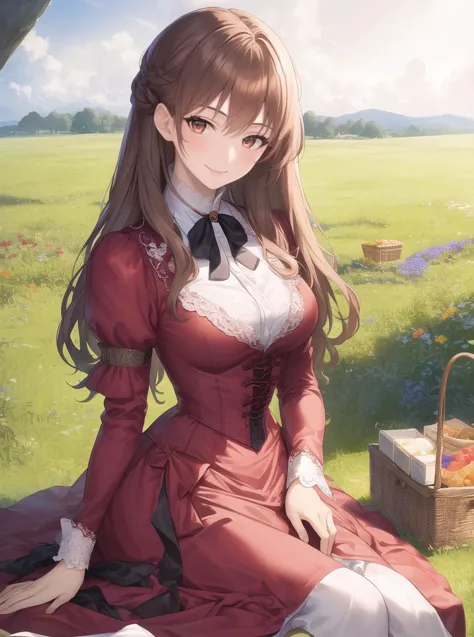 8k, masterpiece, highly detailed, high quality,
1girl, wearing a red (victorian dress), sitting in a field of wildflowers, long brown hair, looking at viewer, picnic basket, wide angle, seductive smile, head tilt, (patting lap),