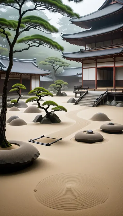 <lora:Everly_Heights_Backgrounds_New_Settings:.7> A serene misty Zen garden in medieval Japan with perfectly raked sand.