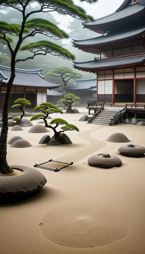 arafed view of a japanese garden with a tree and rocks