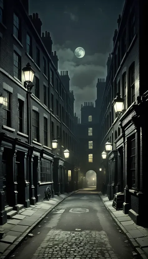 <lora:Everly_Heights_Backgrounds_New_Settings:.5> A Victorian London street at night during the Industrial Revolution with horro...