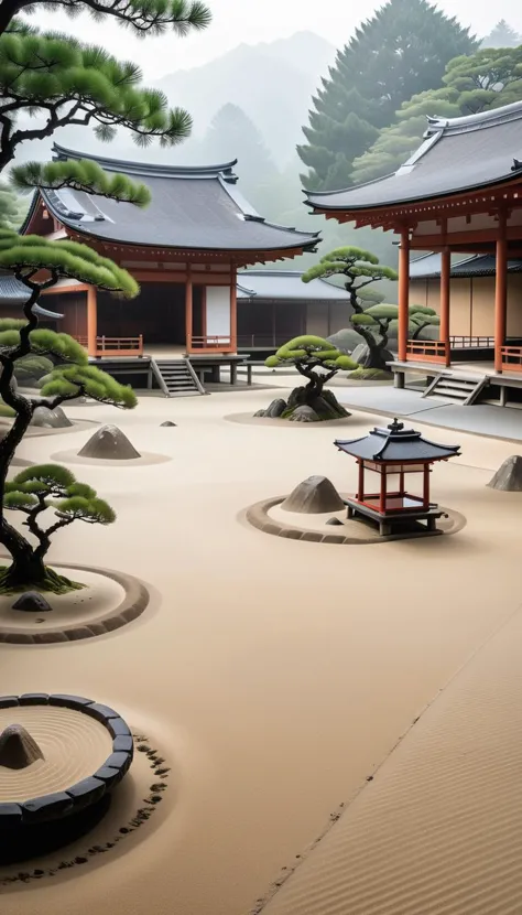 arafed view of a japanese garden with a small tree and a small pavilion