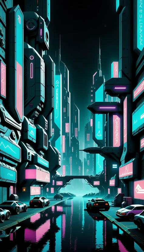 a city street with neon lights and cars on the side