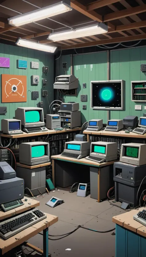 there are many computers and monitors in this room with a lot of wires