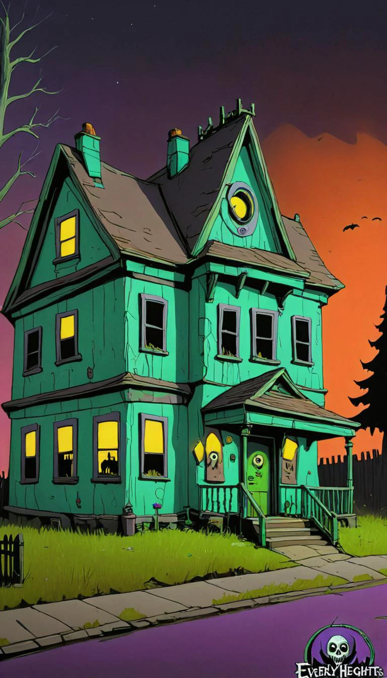 A creepy haunted house with the Mystery Machine parked out front, a painting, background art, horror. There's an Everly Heights Logo watermark in the corner.