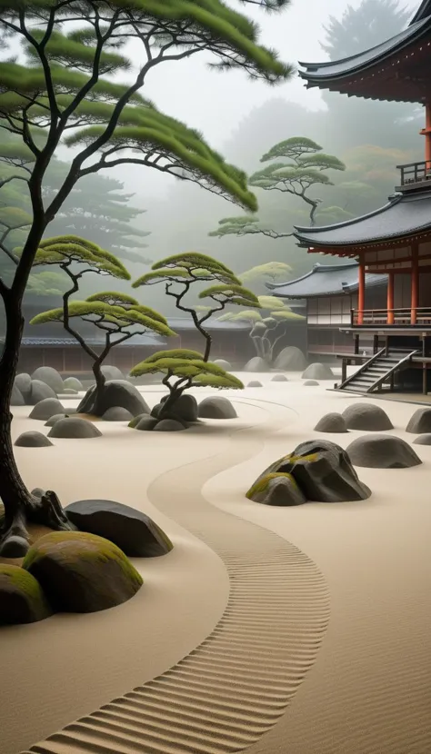 <lora:Everly_Heights_Backgrounds_New_Settings:.5> A serene misty Zen garden in medieval Japan with perfectly raked sand.