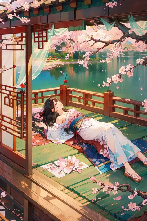 ((1girl)),solo,lying on back on bamboo mat bed in garden,paper fan,thin hanfu,foggy,(curtain),tiles roof,translucent silk chiffon kimono,light green and white,off shoulders,chinese painting,gongbi style,water_color,(cherry blossoms:1.4),(trees, artificial mountain),koi,wooden windows,doors,bed,stone,trandional architecture,temple,tower,wall,chinese garden,long hair,full body,bangs,(masterpiece, Extremely detailed, best quality, highres:1.2),soft smile,<lora:huyefo2-000008:0.6>,huyefo, (masterpiece, best quality, high quality, highres, ultra-detailed),