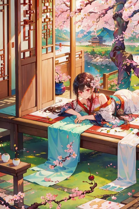 ((1girl)),solo,lying on back on bamboo mat bed in garden,paper fan,thin hanfu,foggy,(curtain),tiles roof,translucent silk chiffon kimono,light green and white,off shoulders,chinese painting,gongbi style,water_color,(cherry blossoms:1.4),(trees, artificial mountain),koi,wooden windows,doors,bed,stone,trandional architecture,temple,tower,wall,chinese garden,long hair,full body,bangs,(masterpiece, Extremely detailed, best quality, highres:1.2),soft smile,<lora:huyefo2-000008:0.6>,huyefo, (masterpiece, best quality, high quality, highres, ultra-detailed),