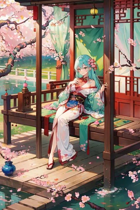 anime girl sitting on a bench in a garden with cherry blossoms