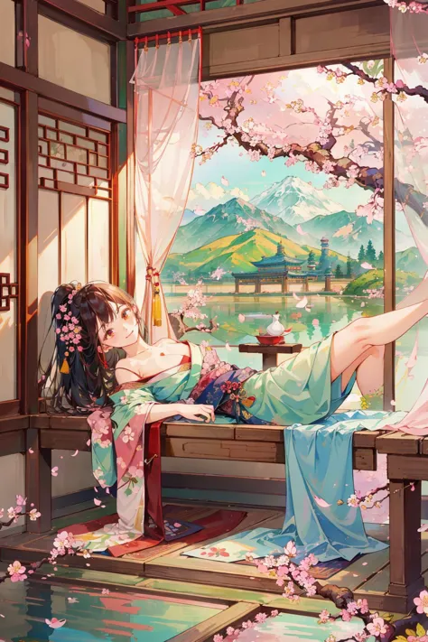 anime girl laying on a bench with a view of a lake