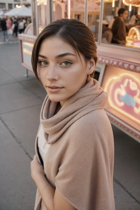 (high angle, headshot:1.2) photo of CandelaGallo, she is wearing poncho , she is wearing scarf, her hair is styled as slicked back lob hair, BREAK she is (at a carnival:1.1), soft lighting, shot on Hasselblad X1D II, fine texture,smooth color gradations, Fujicolor Pro ,